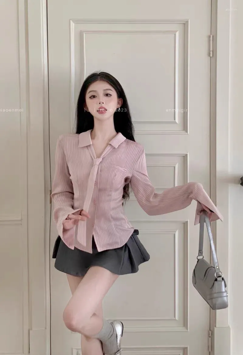 Camicette da donna 2023 Blusas Mujer De Moda Vita sottile Rosa per le donne Manica lunga Camicie dolci Crop Top Casual Camicetta coreana vintage