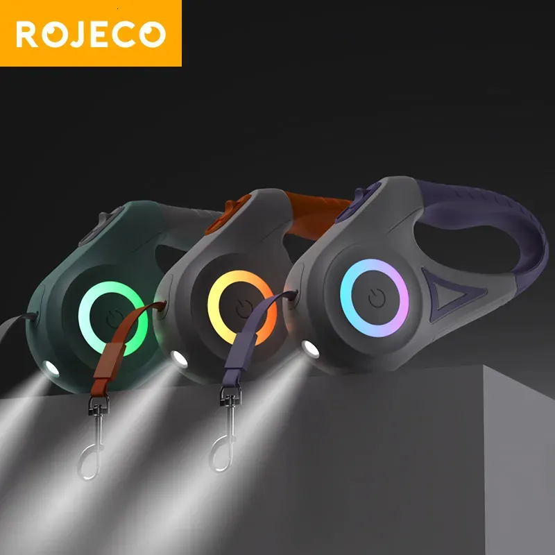 Colliers pour chiens Laisses ROJECO 5M laisse de chien rétractable lumière LED automatique Roulette lumineuse laisse corde pour chiens réglable animaux de compagnie chien marche laisses de course 231120