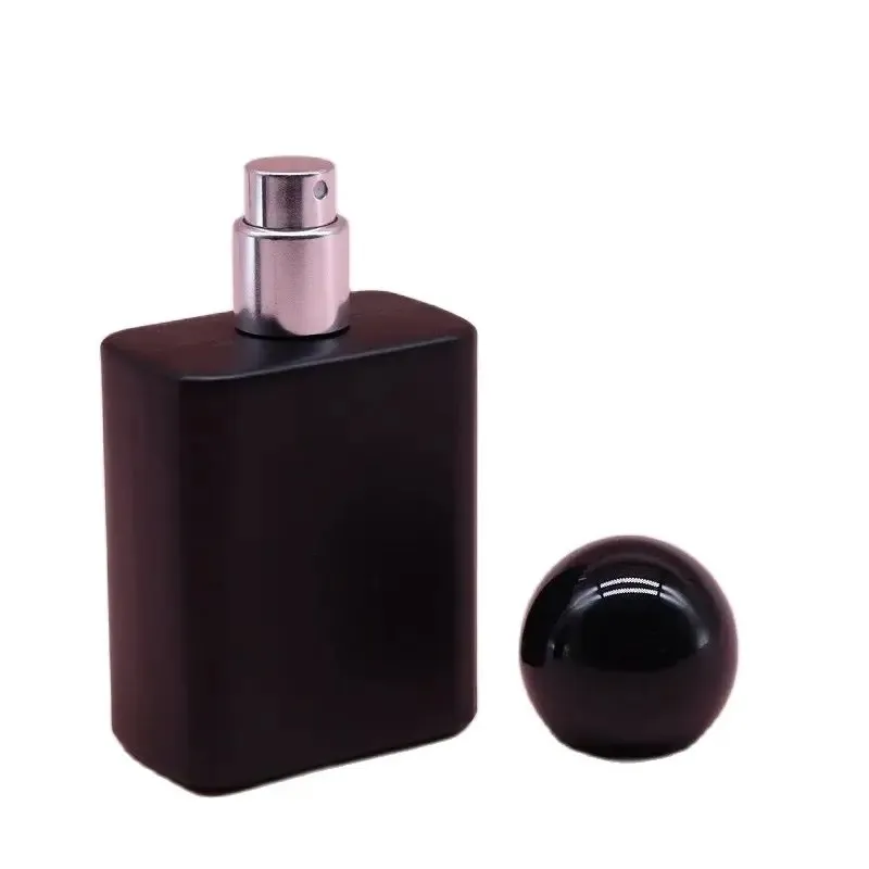 Bouteille d'atomiseur noir mat 50 ml, pompe à vis argentée, couvercle en forme de boule, verre carré plat, emballage cosmétique, parfum, bouteilles de brume vides rechargeables