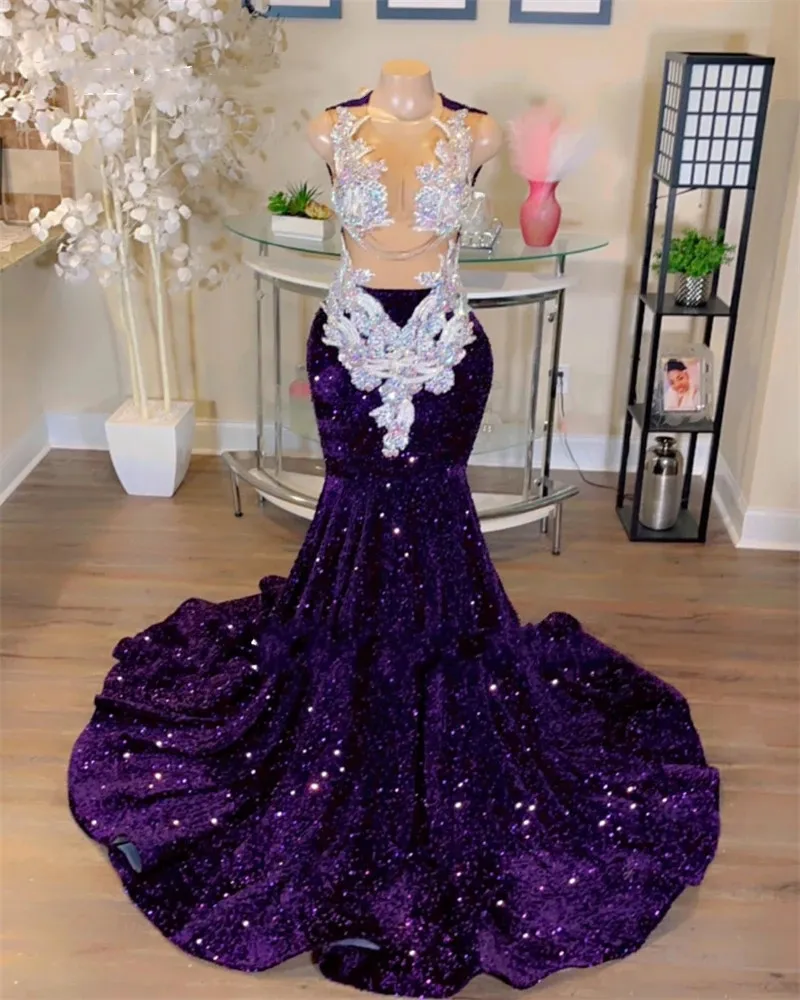 Grape Sheer O Neck Long Prom Dress For Black Girls 2023 Sparkly Sequined Birthday Party Dresses Beaded Appliques Evening Gowns 322