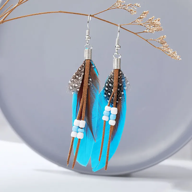 Bohemian Tassel Charm Earrings Rice Beads Feather Earrings Women`s Fashion Accessories