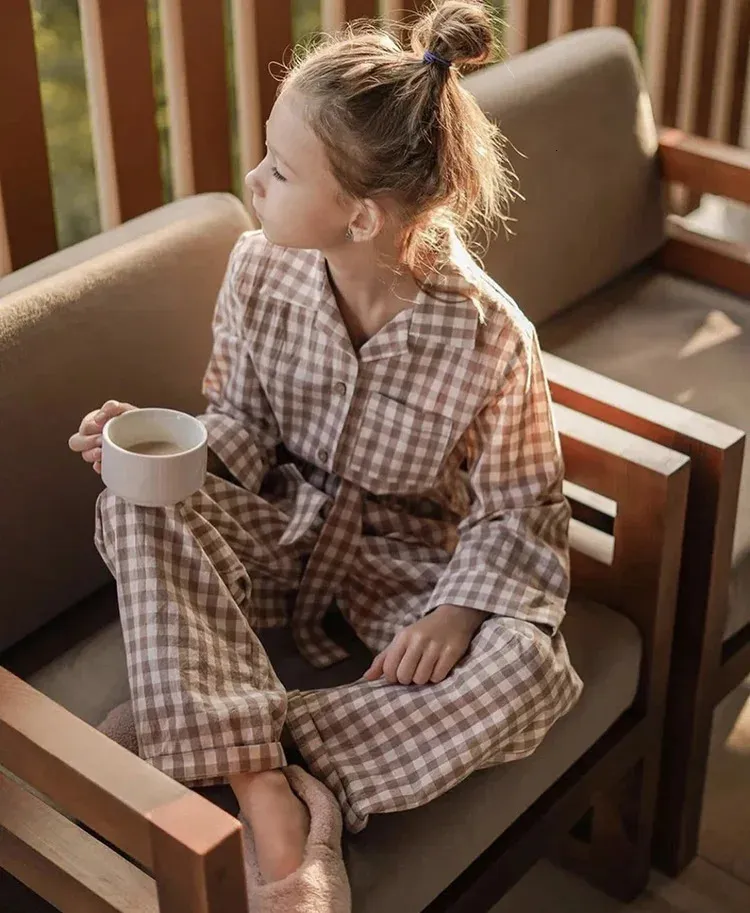 Pajamas Cute Kid Girls Turndown Collar Brown Plaid Pajama
