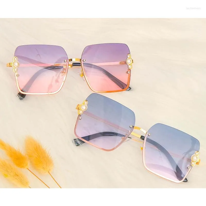 Sunglasses Half Frame Women Brand Pearl Square Fashion Shades UV400 Vintage Glasses Traveling Sun For