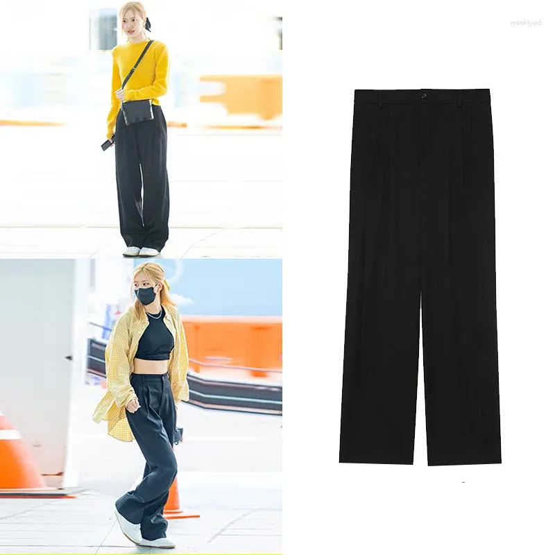 Женские брюки Kpop Girl Group ROSE, уличная одежда, свободные карманы, прямые женские черные брюки, лето 2023, повседневные женские широкие брюки с высокой талией