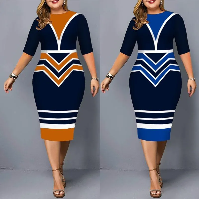 Robes décontractées grande taille femmes élégante soirée robe de soirée 2023 automne mode géométrique imprimé demi manches bureau dames 4XL