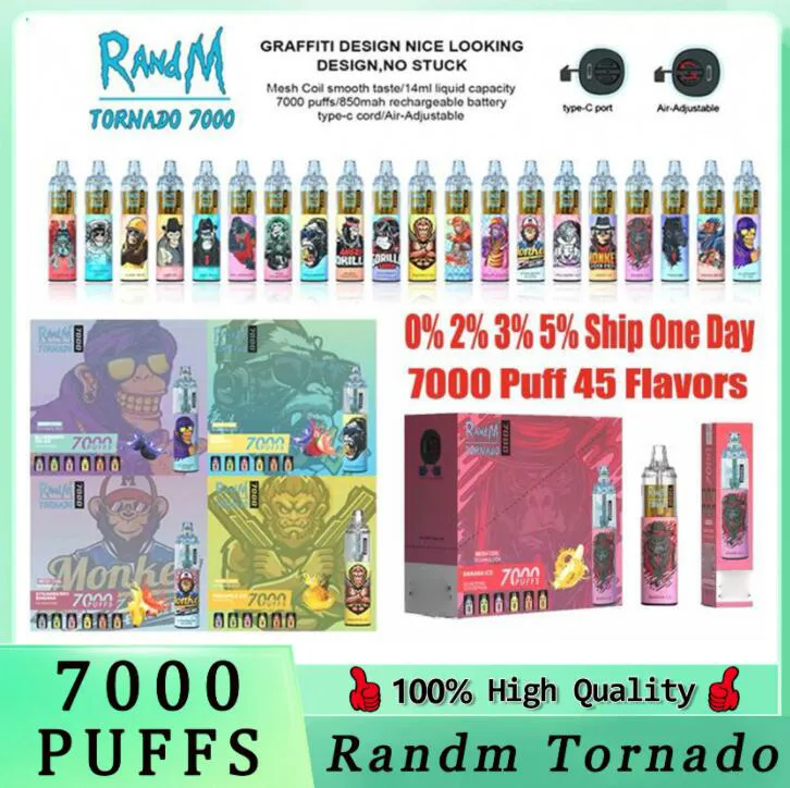 Original Randm Tornado 7000 puffs engångsvapspenna elektroniska cigaretter 14 ml pod mesh spol uppladdningsbar luftjusterbar 2% 5% enhet förångare 50 smaker snabbt skicka