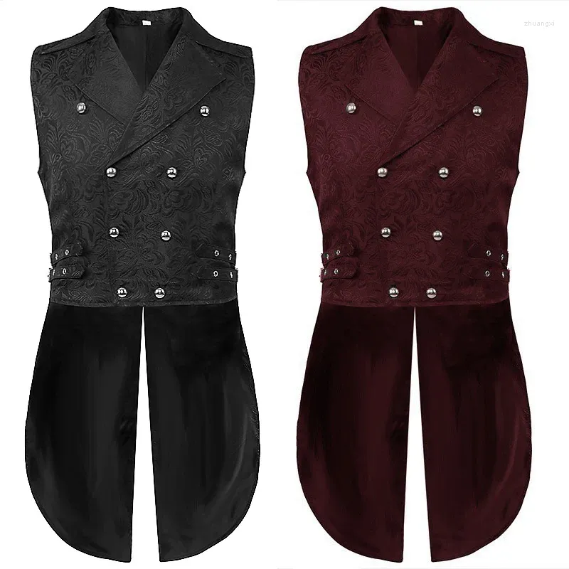 Chemises décontractées pour hommes Hommes Floral Jacquard Steampunk Gothique Gilet Double Boutonnage Victorien Sans Manches Tailcoat Noir Vin Rouge Mode Homme Bal