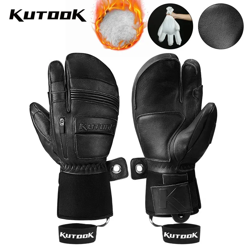 Skidhandskar Kutook Winter Ski Gloves Goatskin Leather Mittens Thinsulate Snowboard Gloves Thermal Warm Skiing Gloves Waterproof Men Women 231120