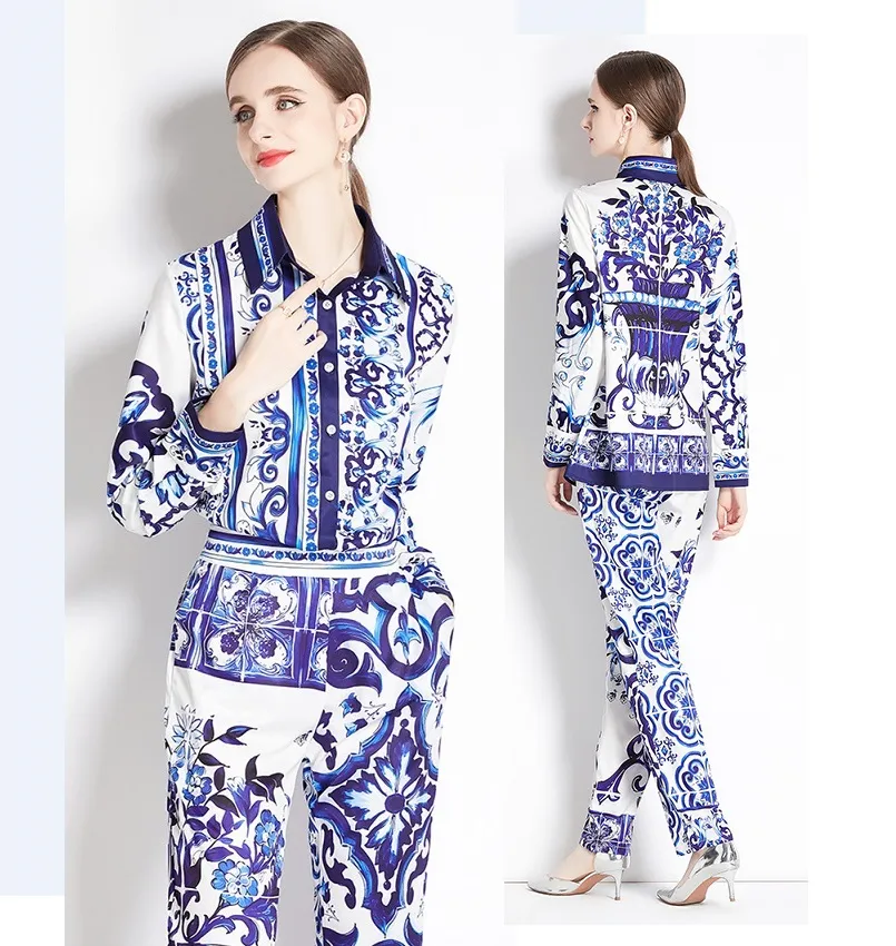 2023 Designer Blue Shirt and Pants Set Floral Print Two Piece Set Women Button långärmad blusar och bred benbyxa vår höst elegant och ungdomsdame casual kostymer