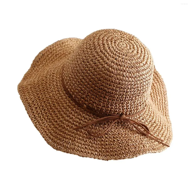 Berets Womens Summer Straw Sun Hat Anti-UV Sunshade Dobrável Cap com Decoração Slim para Viagem Ao Ar Livre Pogal