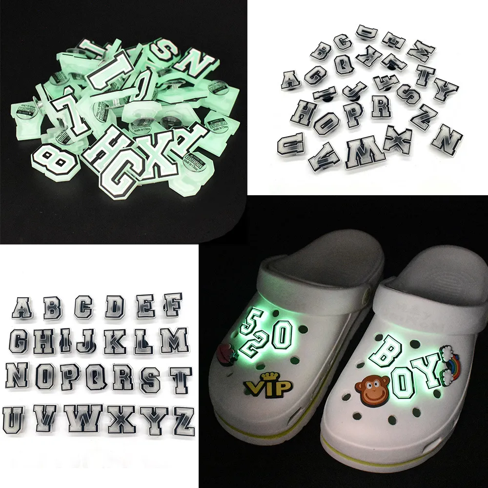 Sko delar tillbehör 1 st brev pins charms dekorationer för croc diy lysande esseessory passar clogs barn x mas gåvor jibz 230420