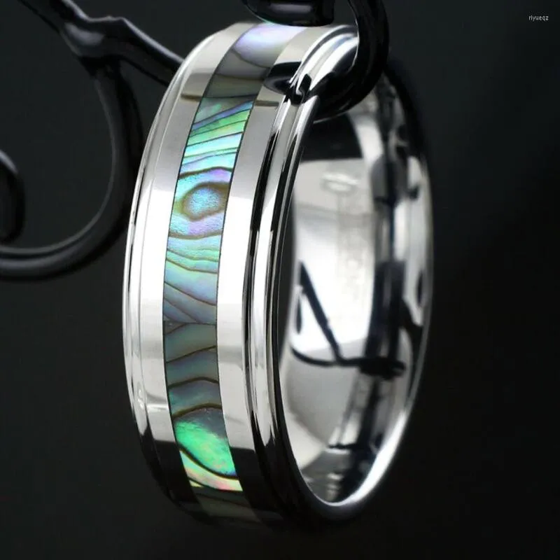 Wedding Rings Men&#39;s Fashion Black Stainless Steel Ring Abalone Shell Inlay Engagement Anniversary Jewelry Party Gift Size 6-13