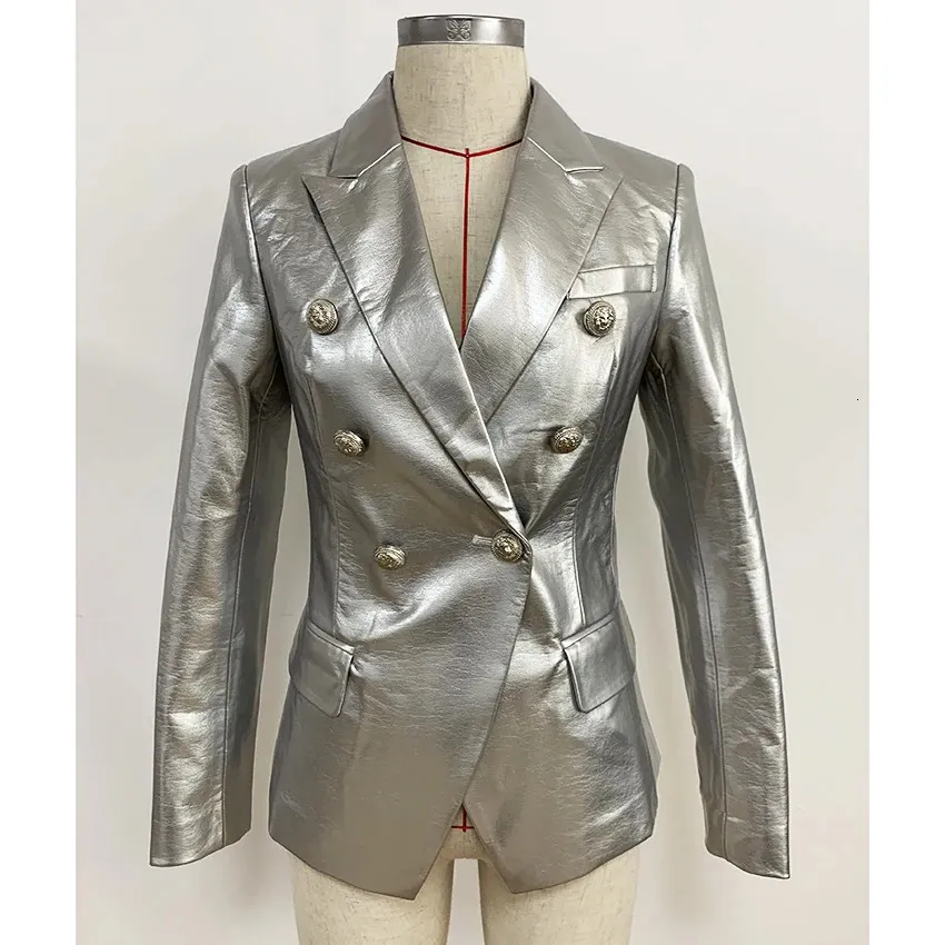 Women s Jackets HIGH STREET est Designer Stylish Runway Fashion Lion Buttons Silver Leather Blazer Jacket 231120