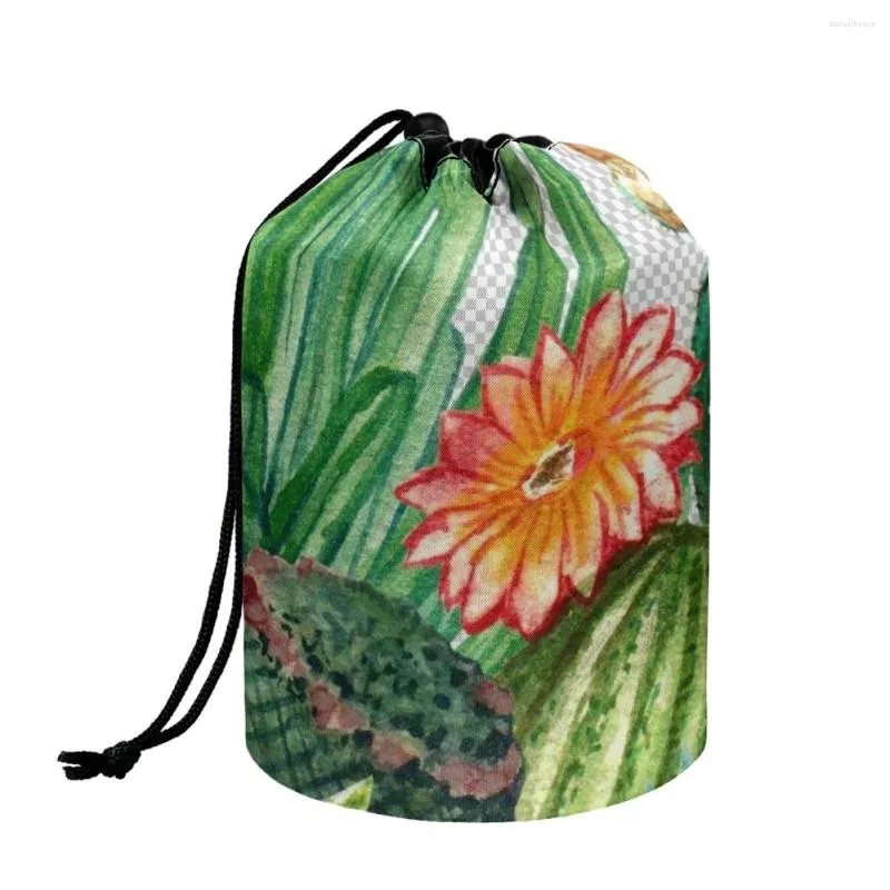 Trousse per cosmetici FORUDESIGN Borsa grande da donna Fresco fiore di cactus Stampato Trucco da donna Pieghevole Custodia morbida con coulisse