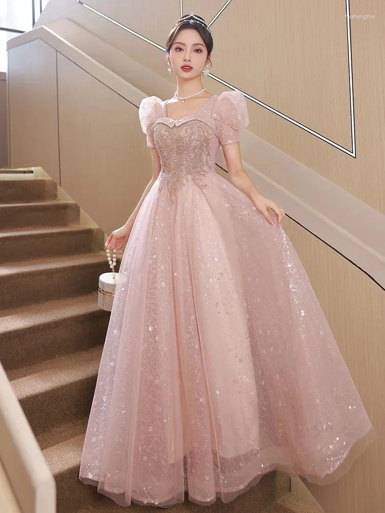 Pink Sequin Evening Gown: Elegant Appliques Floor Length Pearl Beading Prom  Dress With Bubble Sleeves From Julia_dress, $48.35 | DHgate.Com