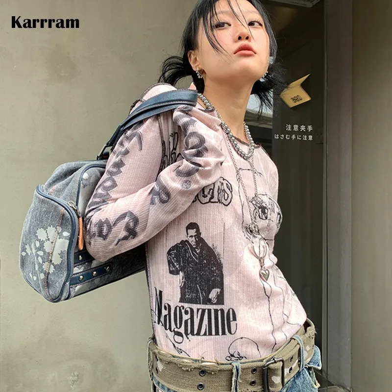 Kvinnors t-shirt Karrram Y2K-estetik T-shirt Grunge Fairycore Harajuku Tshirt Japanese Cartoon Print Tee Shirts Korean Fashion Tops E-Girl 00S 230421