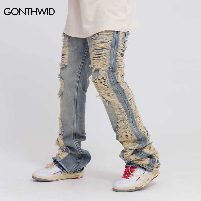 Jeans masculinos Hip Hope Jeans Y2K Streetwear rasgou as calças de jeans punk destruídas Men Harajuku Fashion Baggy Wide Large Jeans Troushers Blue J230420