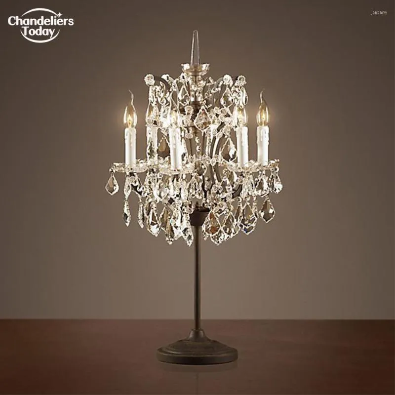 Настольные лампы 19-й C. Rococo Iron Crystal Lamp Classic 6-светодиодного деревенского стола с прозрачным дымом Cristal Industial Light для спальни