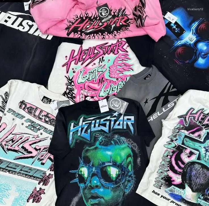 Herr t -skjortor hellstar mens vintage streetwear grafisk tryck överdimensionerad skjorta mode casual gotiska korta ärmstoppar