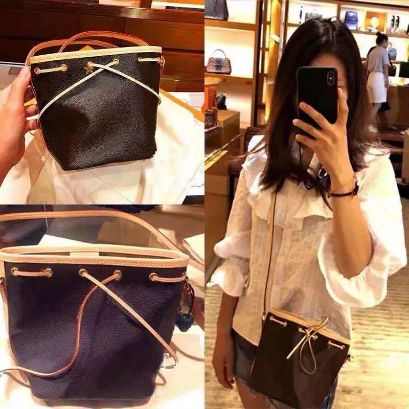 Rooyduo gâteau rond sac à bandoulière sacs à main en cuir véritable sacs M41346 une épaule diagonale chevauchement portable mini sac en cuir pour femme fleur marron Mini sac seau