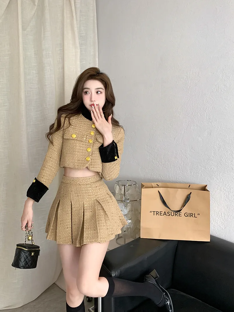 PREMIUM Square Neck Gold Burton Jacket Skirt Two Piece(3色) 2025 spring Two Piece Sets for women Jacket Coat +Long skirt