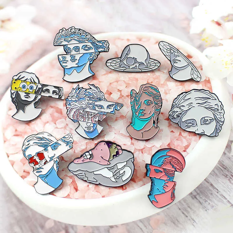 Pins Brooches Cartoon characters Art Style of Abstract Space Brooches Pins Distortion dislocation Gypsum sculpture badge Enamel Jewelry Gift Z0421