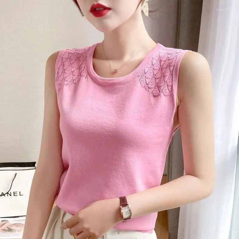 Women's Tanks Korean Version Of Large Size Knitted Halter Vest Female 2023 Summer Thin Tank Top Ice Silk Slim-fit Hollow-out Base Shirt