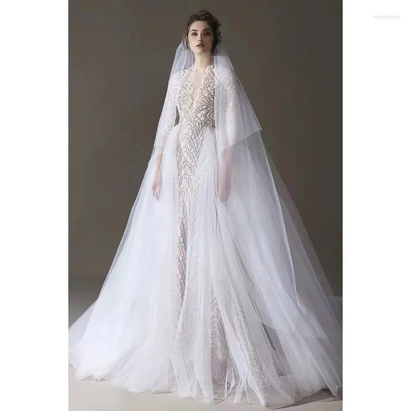 Sukienki imprezowe Weddding z odłączonym pociągiem głębokie w szyku w połowie rękodzie długość podłogi syrena ślubna sukienka ślubna formalny vestido de fiesta