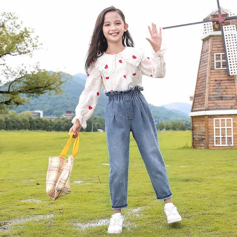 Conjuntos de roupas 2023 verão outono casual meninas jeans terno infantil conjunto de duas peças bebê menina roupas coreanas impressão top