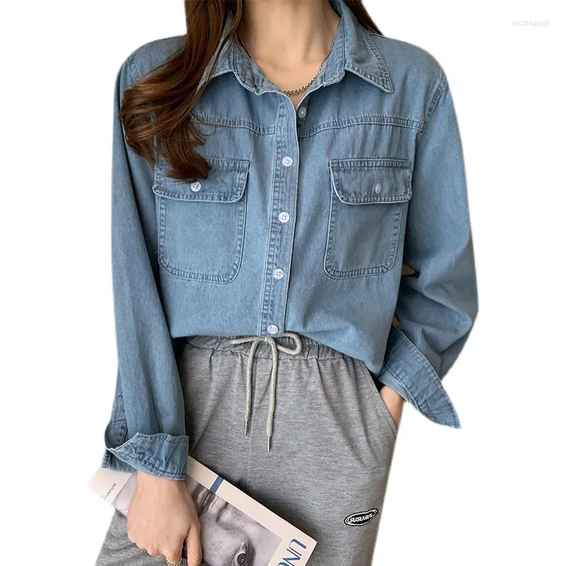 Women's Blouses Women Turn Down Collar Full Sleeves Full Sleeves vrouwelijke blouse single breasted losse denim shirt casual tops