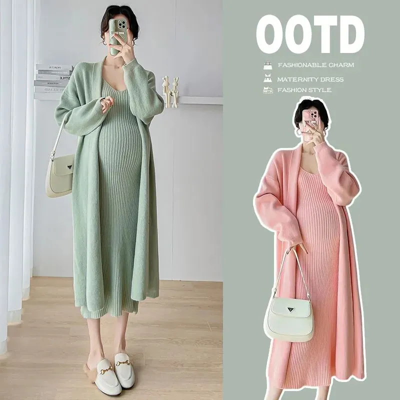 Maternity Sweaters Maternity Suit Knitted Suspender Dress Sweater Autumn Winter Slim Long Coat with Hip Bottom Skirt Fashion Sweater Clothes 231120