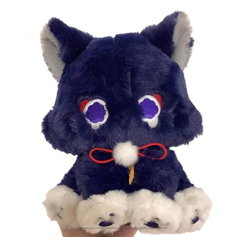 Plush -poppen 25 cm Game Genshin Black Cat Fluffy Impact Wanderer Pet Toys Scaramouche Cosplay Doll zacht gevuld kussengift voor kinderen 230421