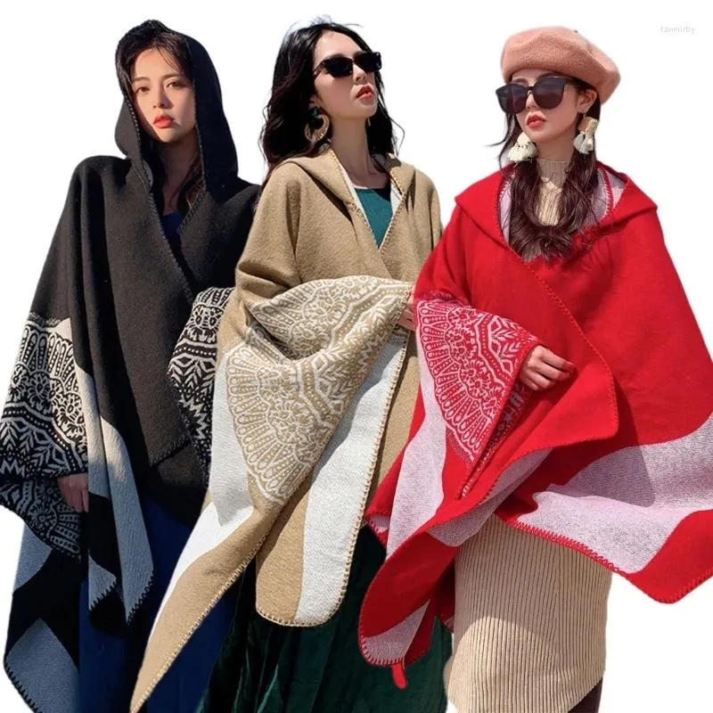 Scarves Warm Poncho Shawl Sweater Coat Women Bohemian Geometric Print Cardigan With Hood Y1UA