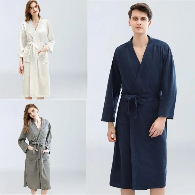 Men's Sleepwear Lightweight Long Waffle Bathrobe Unisex Summer 3/4 Sleeve Quick Dry Spa Robe