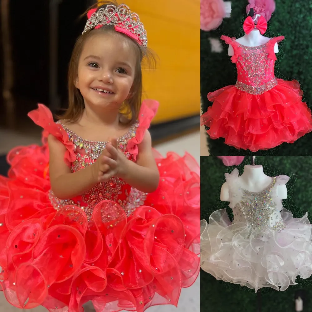 Vestido de concurso de cupcake glitz para menininha 2023 cristais brifa de aniversário coquetel de aniversário em ascensão no palco vestido de festa do evento infantil infantil coral branco