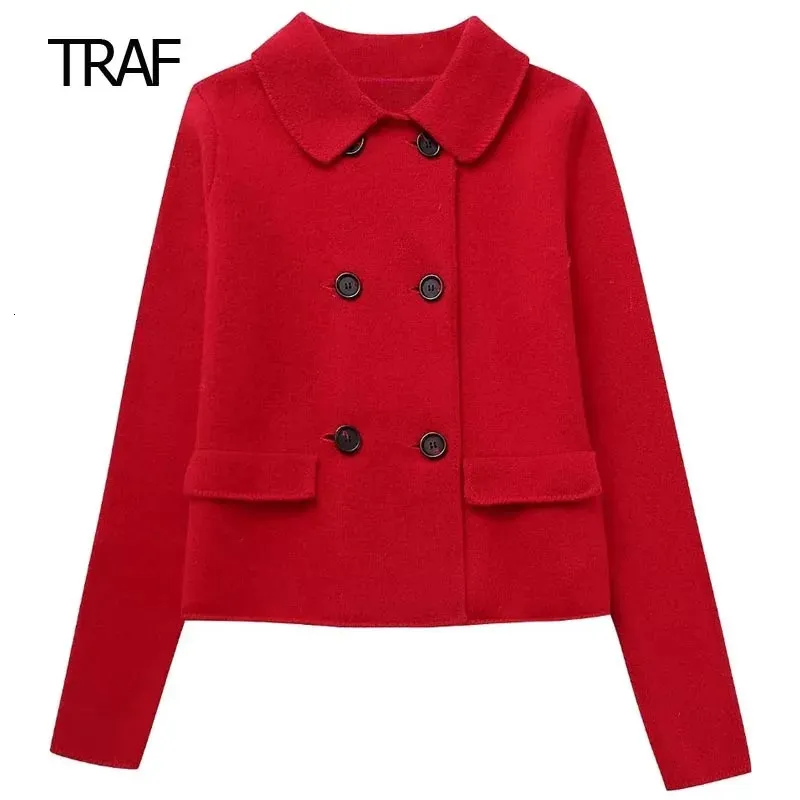 Women's Suits Blazers TRAF Knitted Red Blazers Women's Blazer Autumn Lapel Collar Long Sleeve Top In Coats Korean Style Blazer Luxury Elegant Set 231121