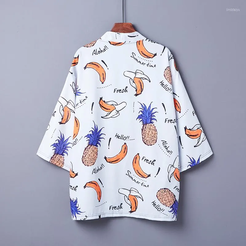 Herrjackor #5023 sommarvit kimono kappa män tunna löst avslappnade vintage frukter tryckt jacka streetwear cardigan