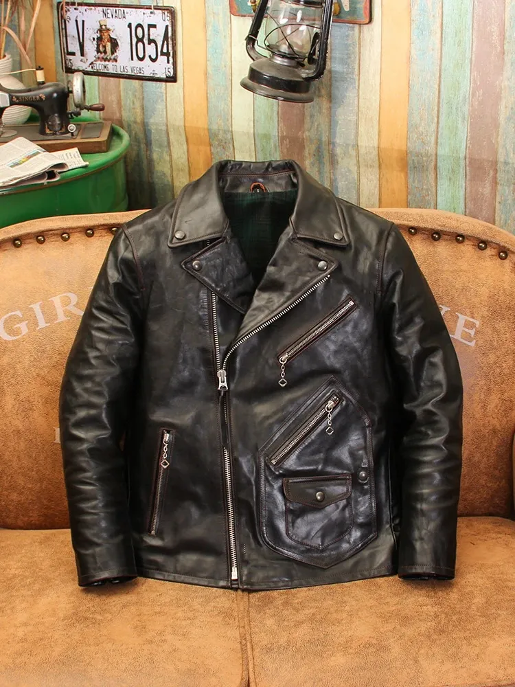 Couro masculino falso americano retro velho chá núcleo de pele de cavalo j24 jaqueta de motocicleta com lapela e zíper diagonal casaco curto 231121