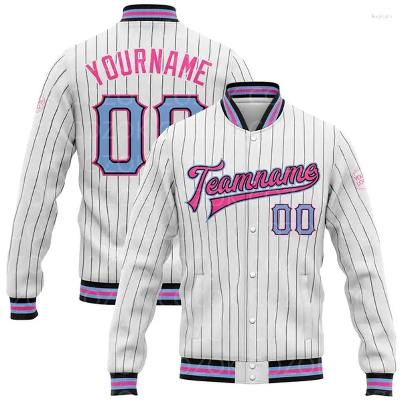 Мужские куртки на заказ, белый, розовый цвет, бейсбольная куртка на пуговицах с 3D принтом, куртка-бомбер с полной застежкой, Varsity Letterman
