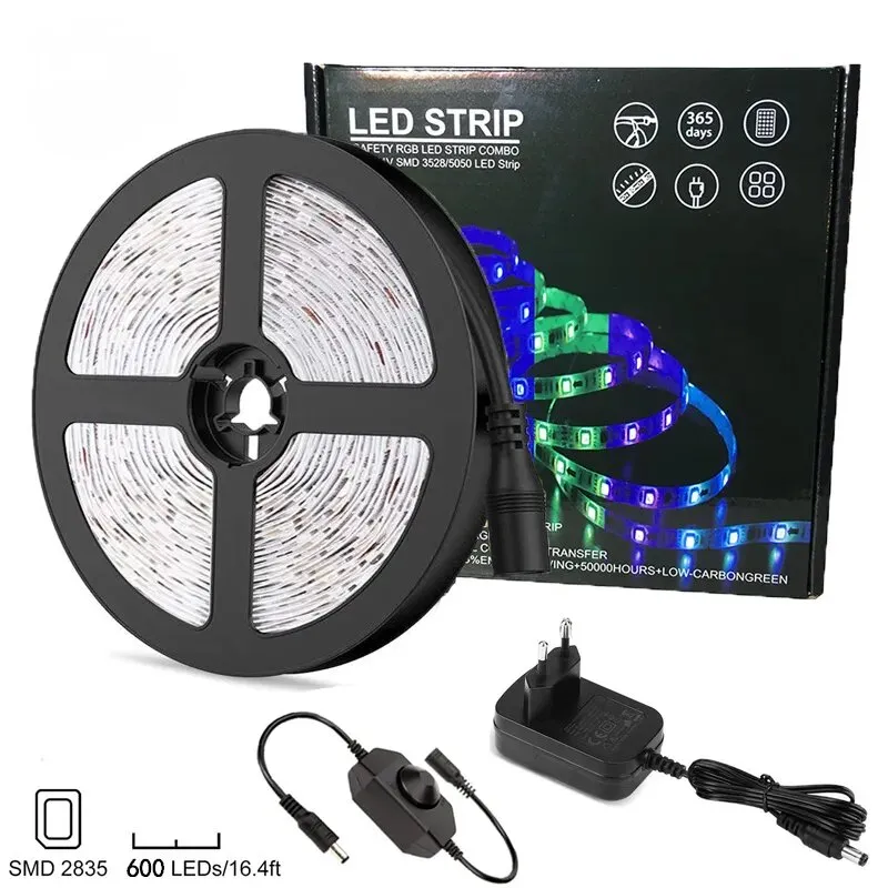 16.4フィート5m LEDストリップライト600LEDS 2835キャビネットベッドルームの下のホームキッチン用のパワーアダプター付きの調光物質テープライト