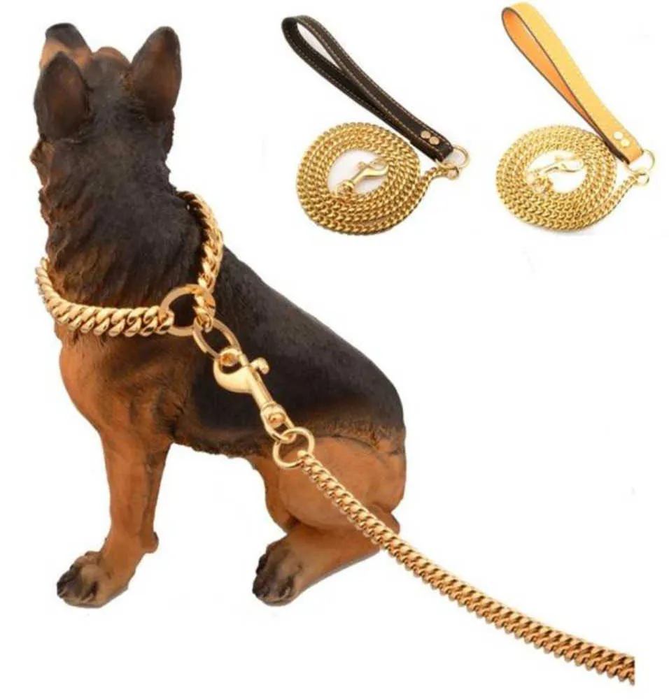 Accessories Stainless Steel Pet Gold Chain Dog Leashes Leather Handle Portable Leash Rope Straps Puppy Cat Training Slip Collar Motion current 93ess