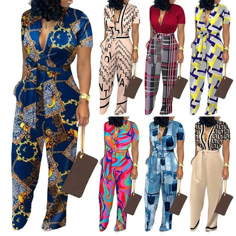 Womens Designer Jumpsuit 2024 New Fashion Digital Printing Loose Belt Wide Leg Pants Short Sleeve Bodysuit 7 Colors