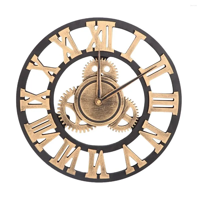 Wall Clocks Industrial Gear Clock Roman Numerals Wood Rustic Metal For Living Room Lounge Without Golden