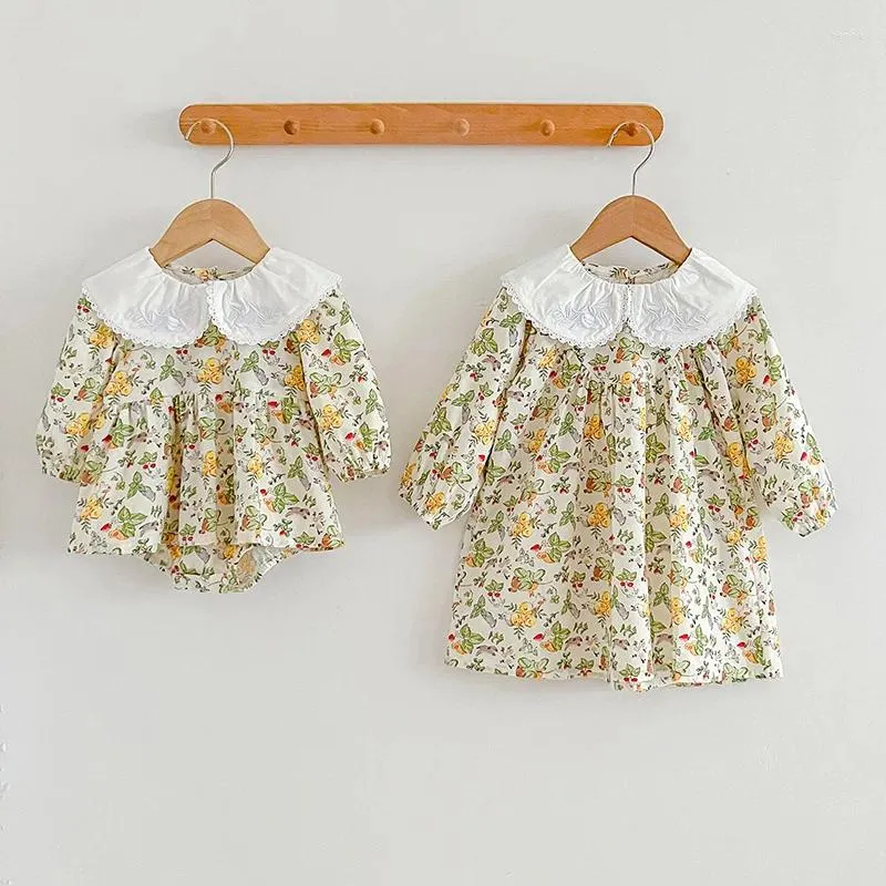 Girl Dresses Girls Sister Clothing Autumn Spring Kids Baby Rompers Long Sleeve Embroidered Doll Collar Dress Children Clothes 0-6Y