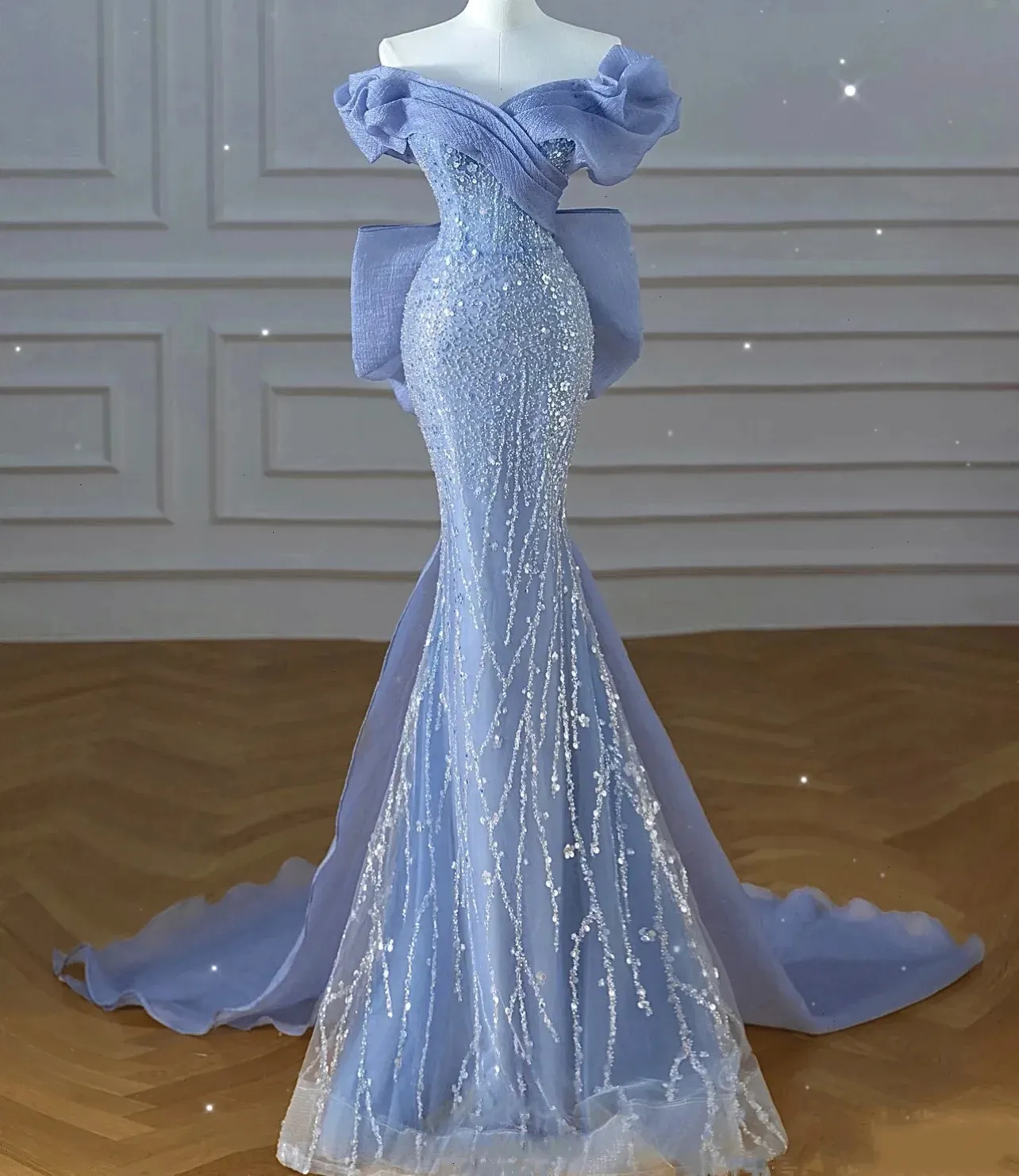 Mode Ciel Bleu Paillettes Robe De Bal Formelle 2024 Hors De L'épaule Perles Bowknot Retour Femmes Sirène Robes De Soirée Pour Anniversaire Robe De Soriee