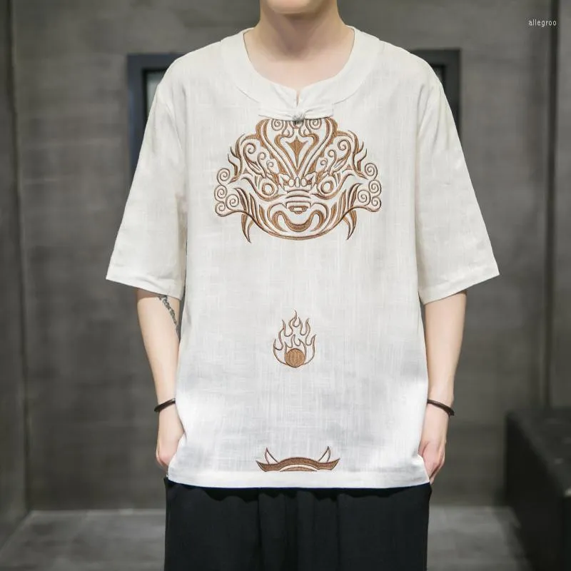 Men's T Shirts Style Summer Chinese Short Sleeve High Quality Kirin Embroidery Oversized Shirt Harajuku Plus Size Linens Top Men Clothing