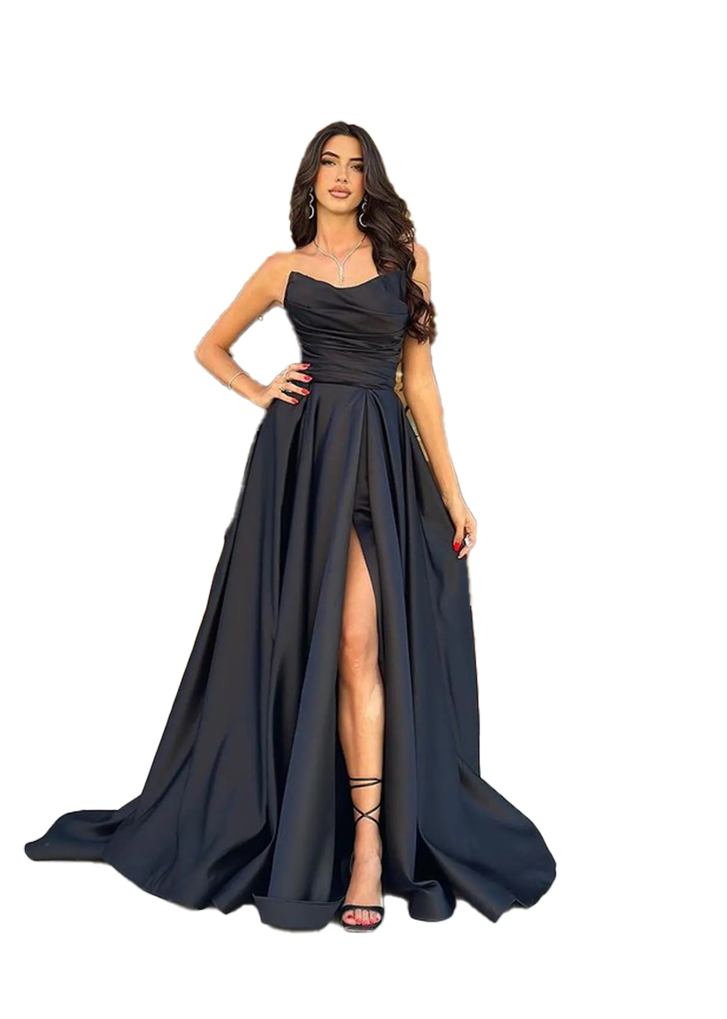 Plus Size Black A-Line Prom Dress Strapless Long Satin Floor-Length Sweep  Train with High Side Split and Ruffle Embellishment from Dhgate Prom Dresses  - price 238.42