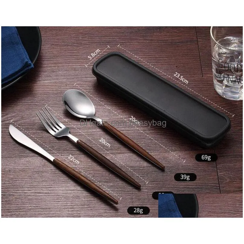 wooden handle 304 stainless steel flatware cutlery set with box silver dinnerware tableware fork knife spoon lx1471