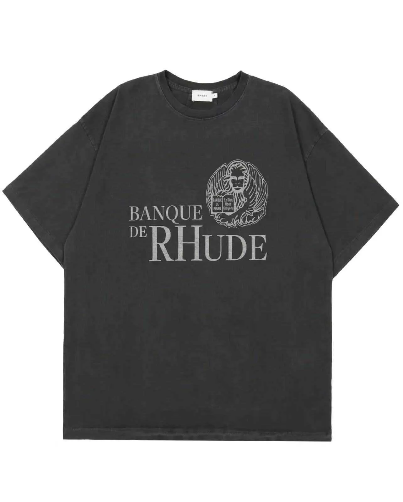 Дизайнерская модная одежда Футболки Футболки Rhude Bank Slogan Футболка с коротким рукавом Черный топ с коротким рукавом Свободная хлопковая футболка Мужские топы Уличная одежда Свободный хип-хоп