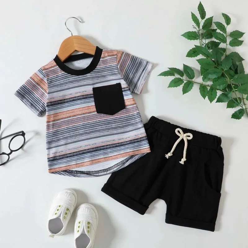 Ensembles de vêtements pour bébés garçons et filles, manches courtes, imprimés rayés, t-shirt, hauts et Shorts, tenues pour bébé garçon de 36 mois, tenue de pâques